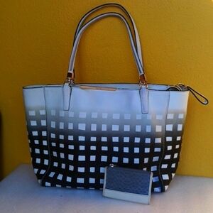 COACH Madison Gingham Black and White Jet Set Tote Bag Handbag with mini Wallet